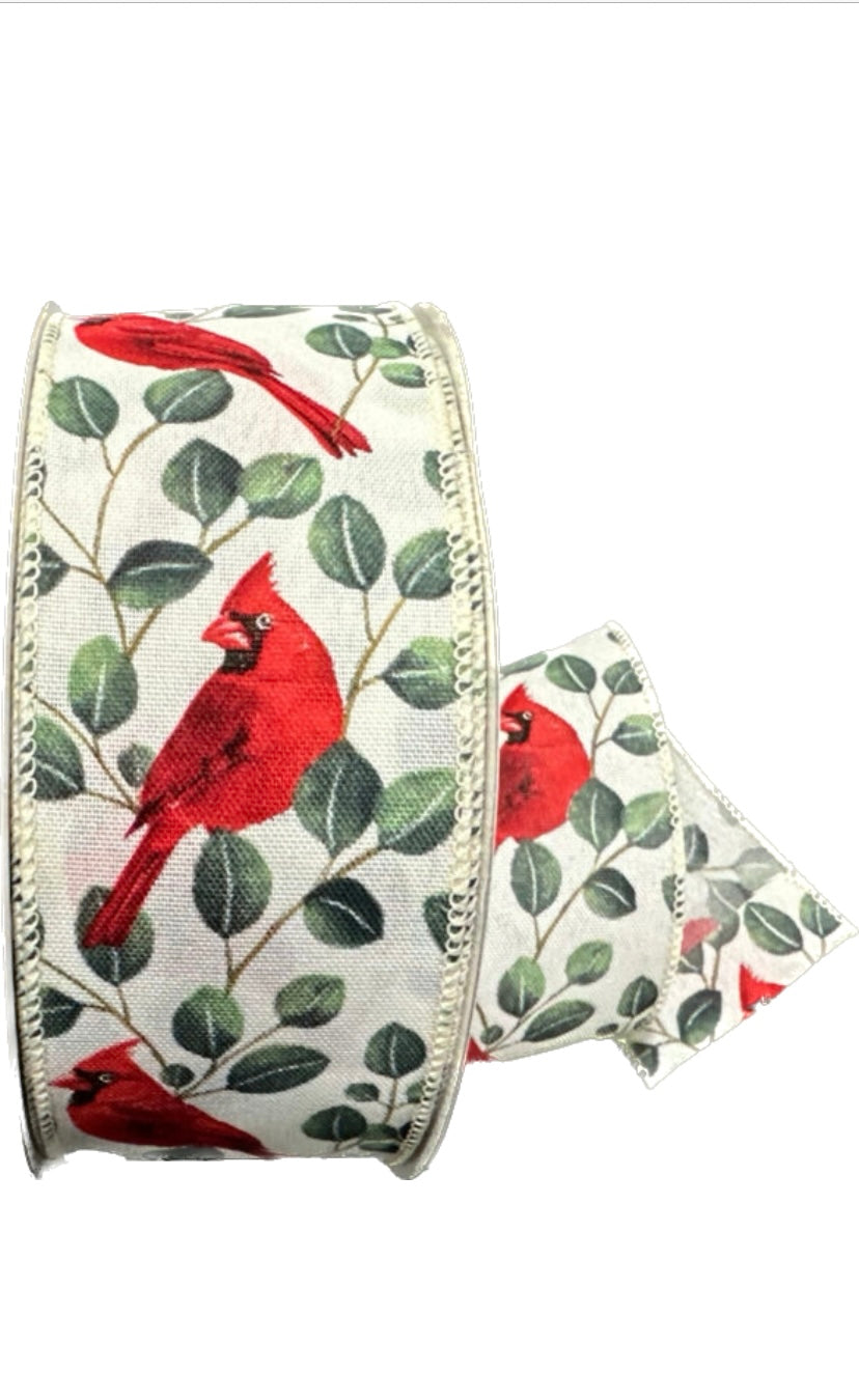 Wired Linen Cardinals and Eucalyptus Ribbon-2.5”x50 Yards
