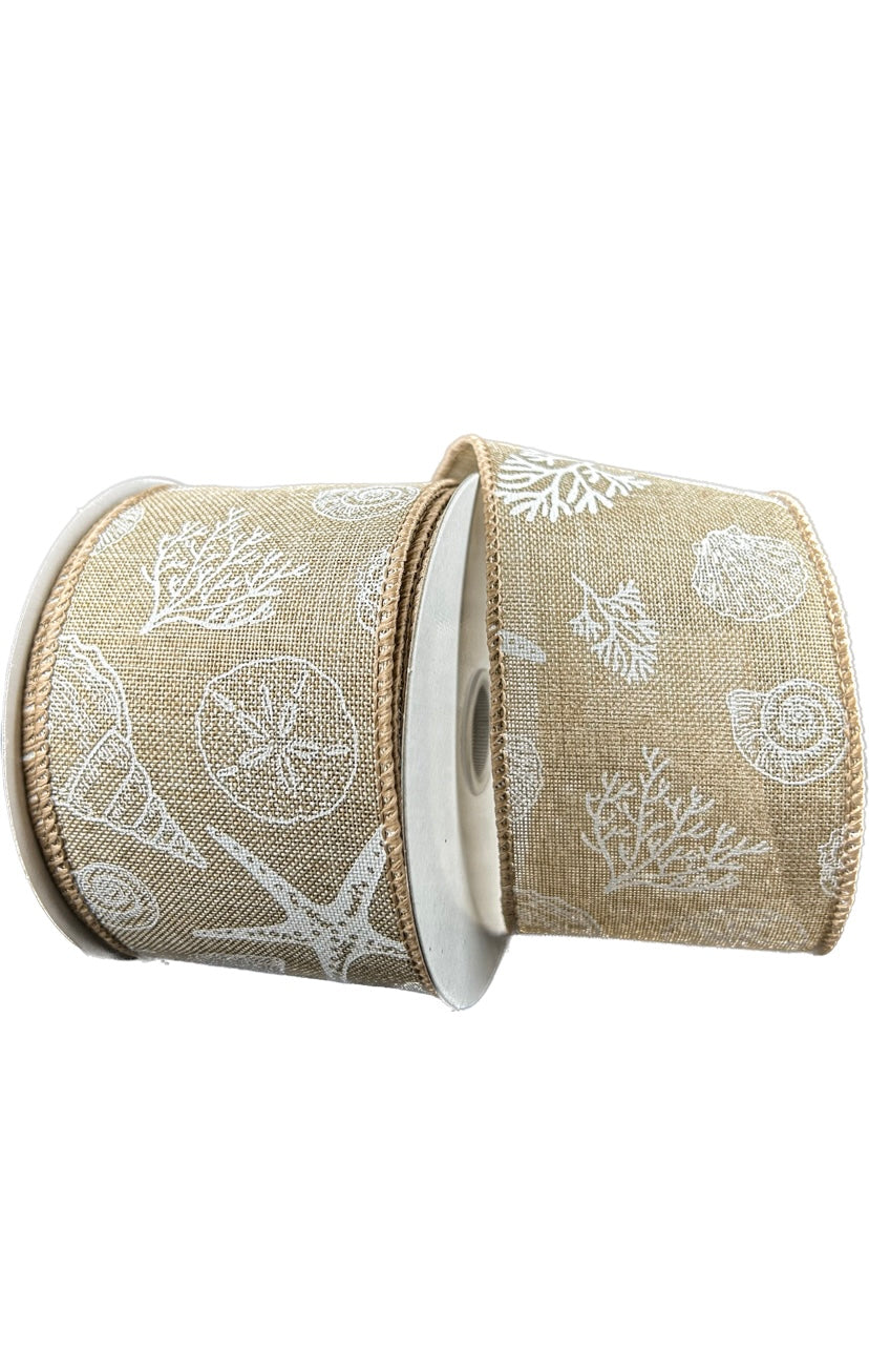 10 Yards - 2.5" Wired Natural and White Seashell Beach Ribbon