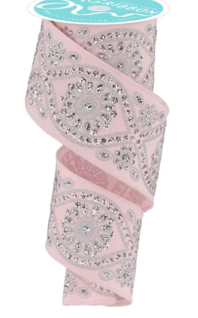 10 Yards - 2.5” Wired Pink and Silver Deluxe Wavy Floral Ribbon