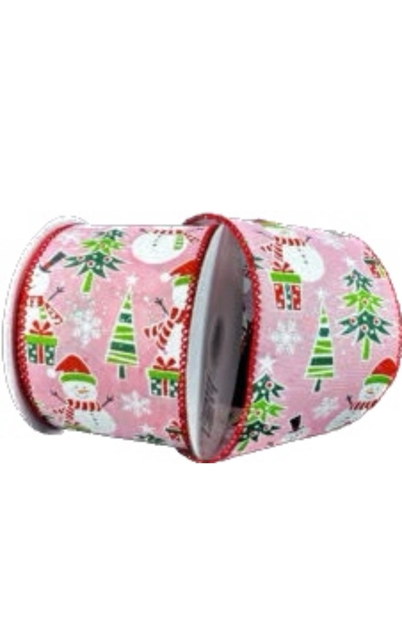Wired Pink Background Snowman Frolicking Ribbon- 2.5”x10 Yards