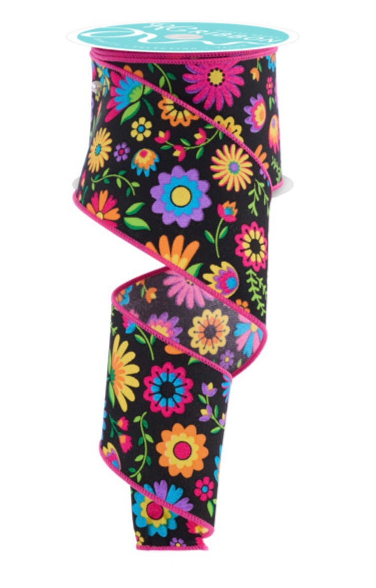 10 Yards - 2.5” Wired Fiesta Flowers on Black Background Ribbon