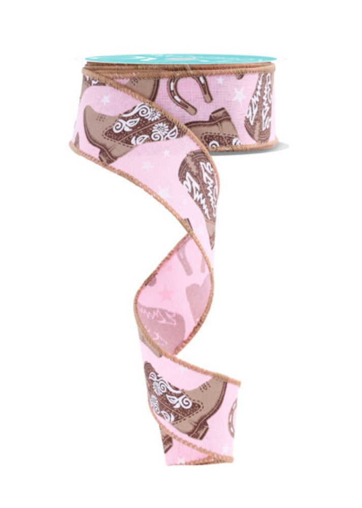 10 Yards - 1.5” Wired Pink Background Cowboy Boots Ribbon