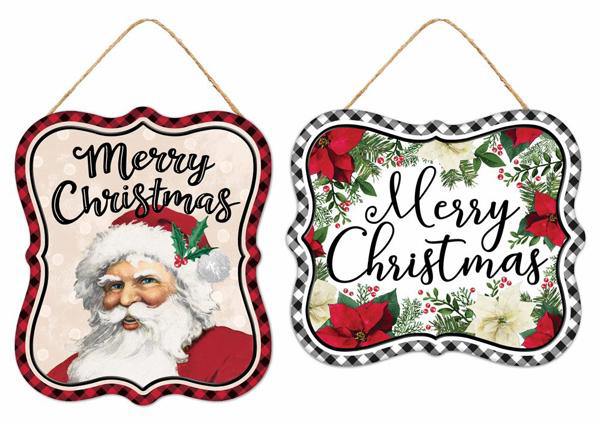 2 Piece Set- Metal Tin Merry Christmas Wreath Signs- 7”x6”
