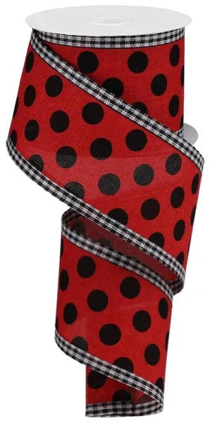 Wired Red and Black Polka Dot Ribbon with Gingham Check Edge - Lady Bug Inspired Ribbon-2.5”x10 Yards