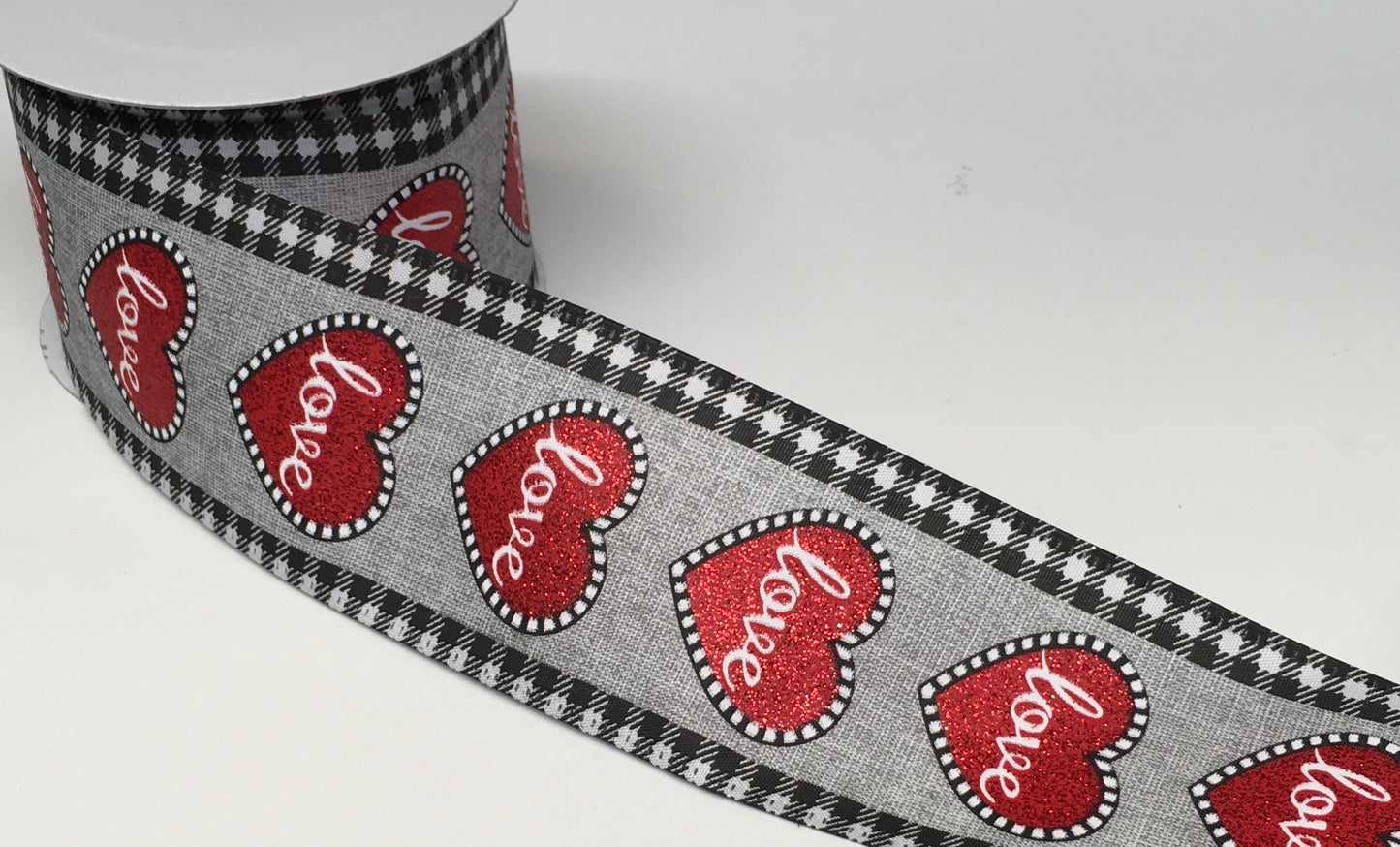 10 Yards - 2.5” Wired Gray Background Valentine Love Heart Ribbon with Black and White Check Edge