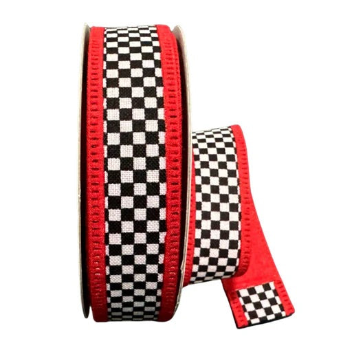 Wired Black and White Check Red Trim Ribbon- 1.5”x10 Yards