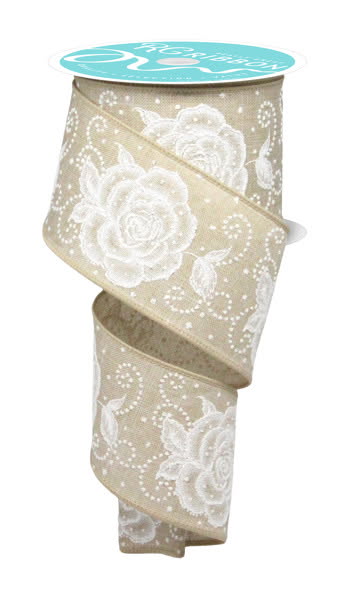 10 Yards - 2.5” Wired Natural with White Raised Roses Floral Ribbon