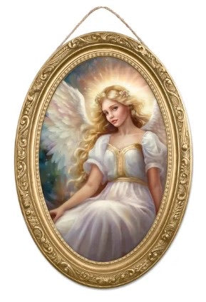 13"H x 9"L Angel Portrait Oval Wreath Sign