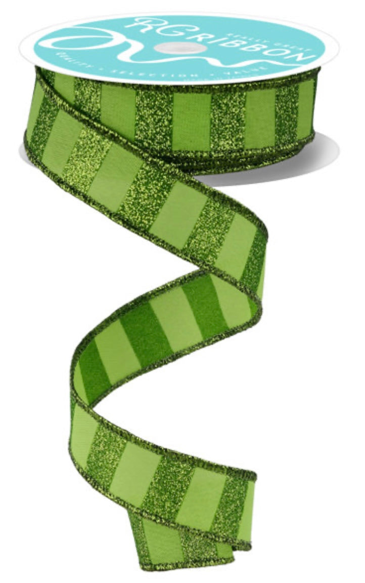 Wired Lime Green Horizontal Stripe Glitter Accent Ribbon- 1.5”x10 Yards