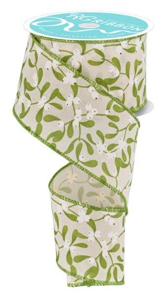 Wired Cream, Multigreen, and White Mistletoe Ribbon- 2.5”x10 Yards