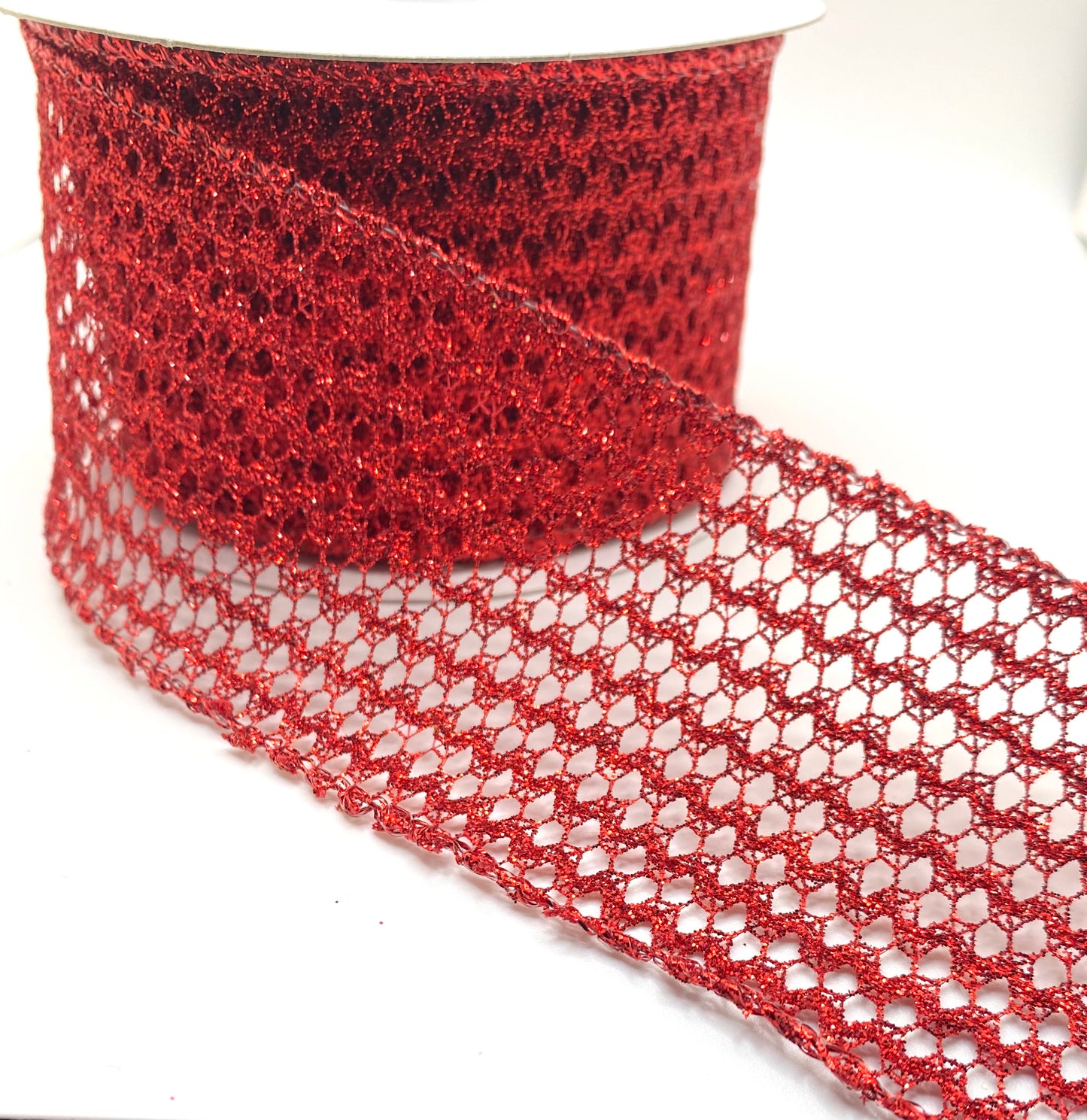 10 Yards - 2.5” Wired Red Squiggle Net Glitter Ribbon