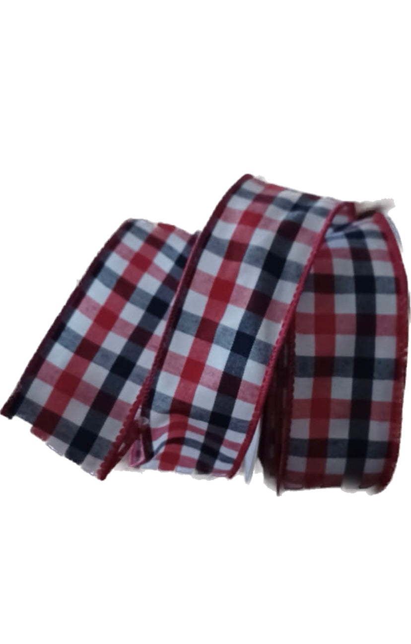 Wired Red, White and Blue Check Ribbon- 1.5”x10 Yards