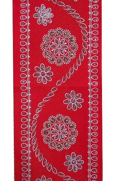 Wired Red, Silver and Gold Deluxe Wavy Floral Ribbon-4”x10 Yards