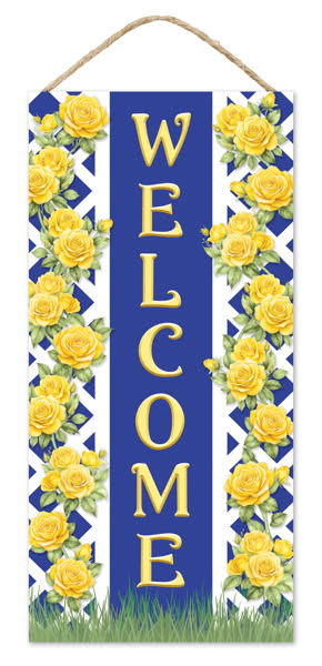 12.5 Inch x 6 Inch Welcome Yellow Roses Floral MDF Sign