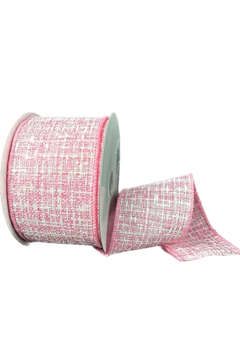 10 Yards - 2.5” Wired Light Pink and White Embellished Tweed Ribbon