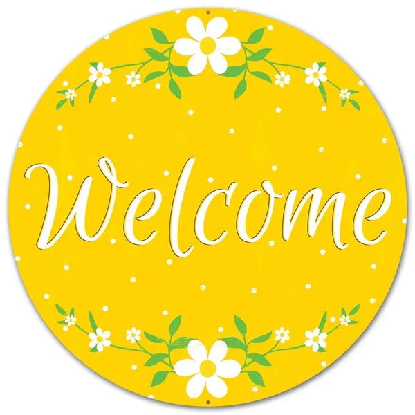 12” Round Metal Yellow Welcome Daisy Wreath Sign