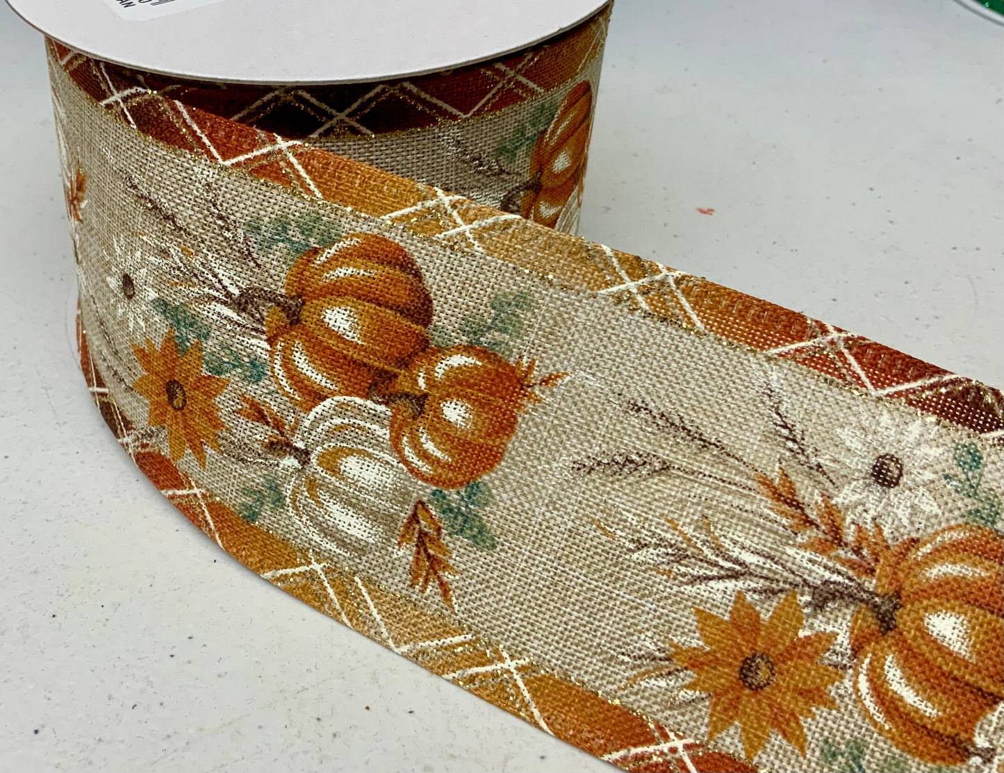Wired Pumpkin and Fall Foliage Ribbon- 2.5”x10 Yards