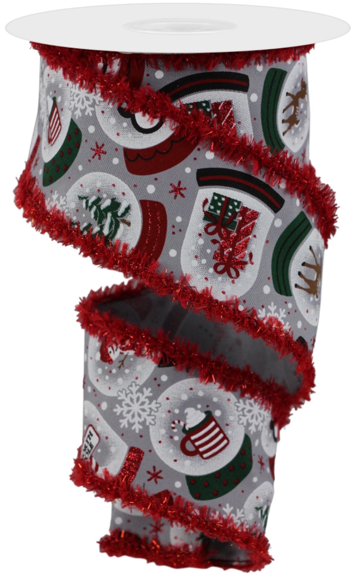 10 Yards - 2.5” Wired Gray Background Winter Snow Globe Ribbon with Red Glitter Accent