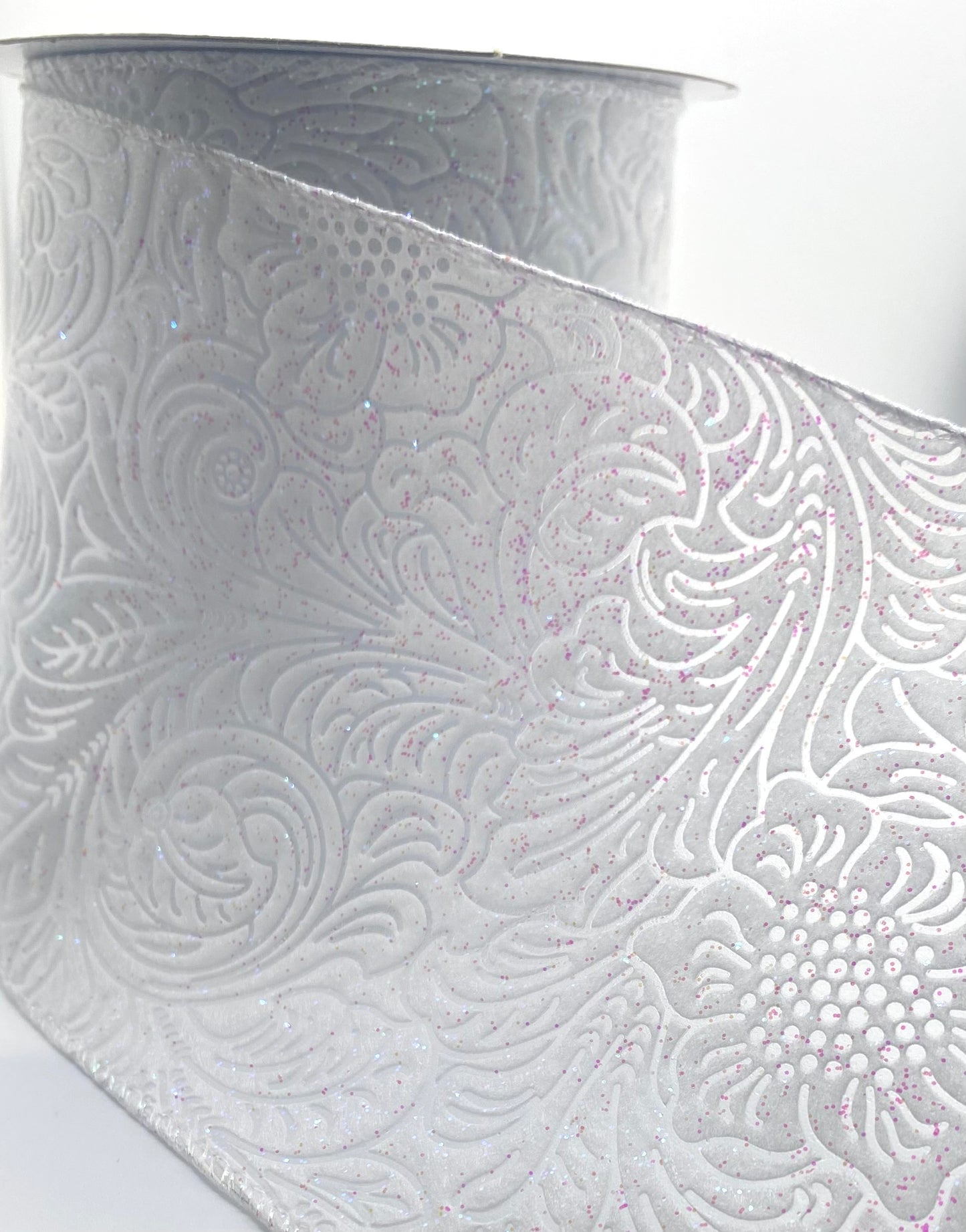 10 Yards - 4” Wired White Iridescent Glitter Floral Embossed Ribbon