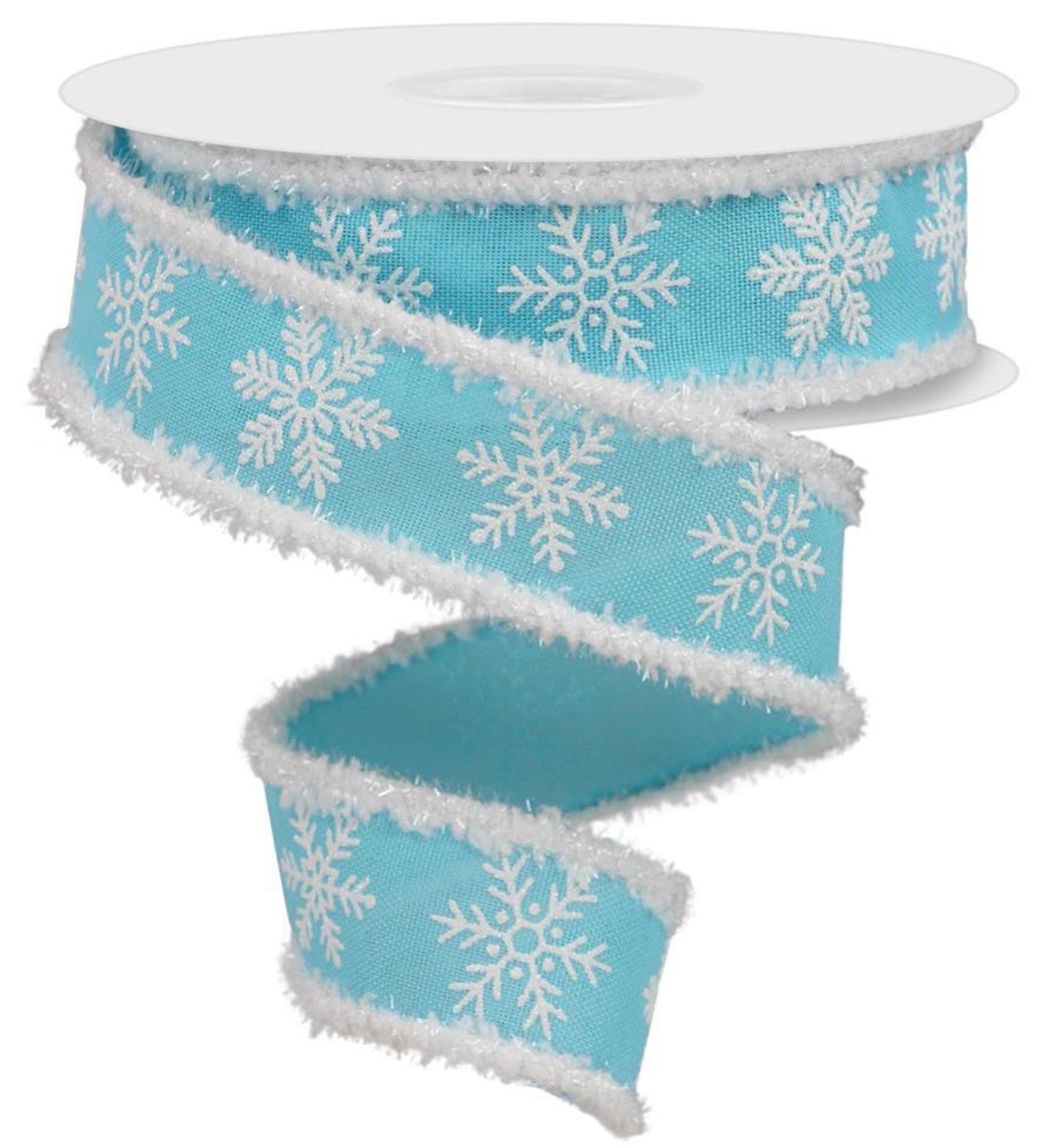Wired Blue and White Glitter Snowflake Ribbon with Snowdrift Edge-1.5”x10 Yards