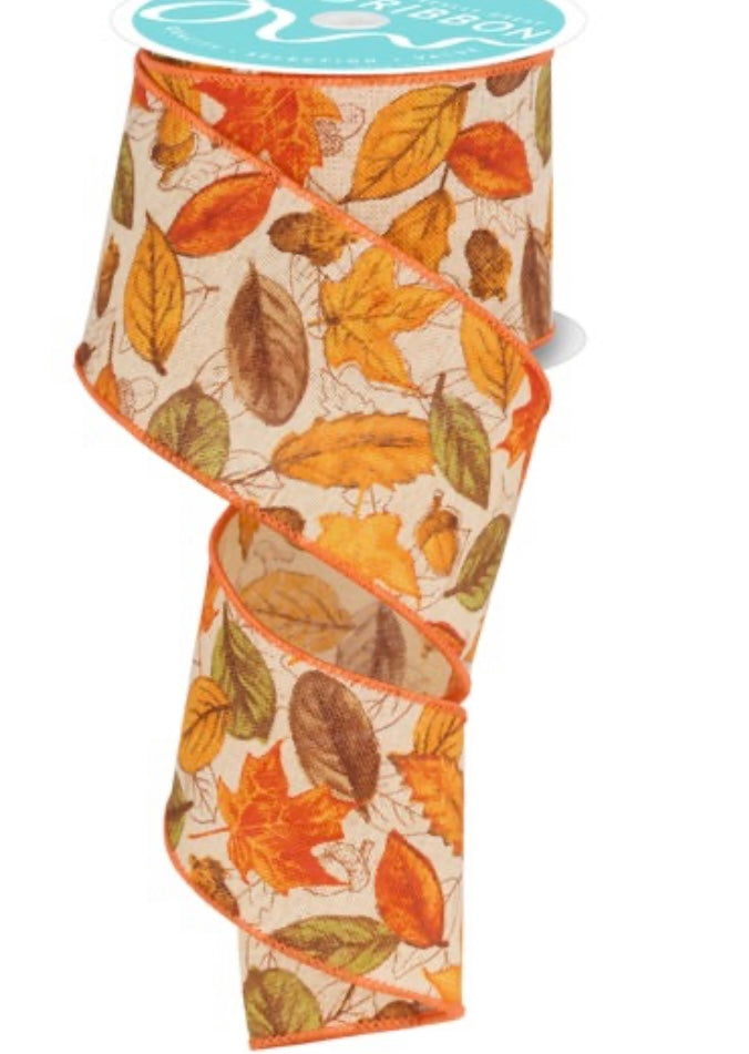 10 Yards - 2.5” Wired Natural Linen Leaves and Acorn Ribbon