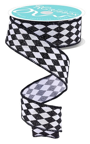 Wired Black and White Harlequin Ribbon- 1.5”x10 Yards