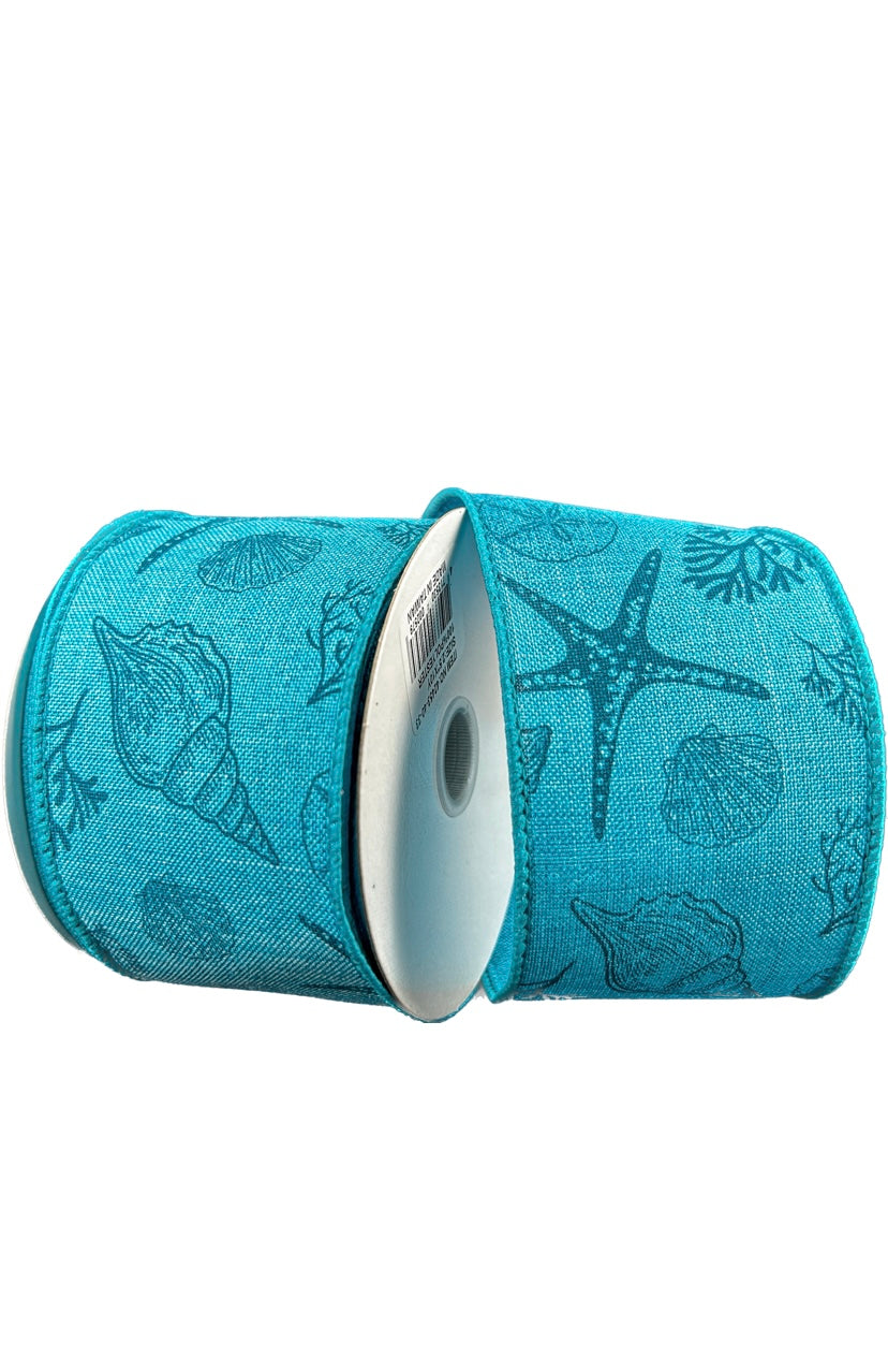 10 Yards - 2.5" Wired Two-Tone Blue Seashell Beach Ribbon