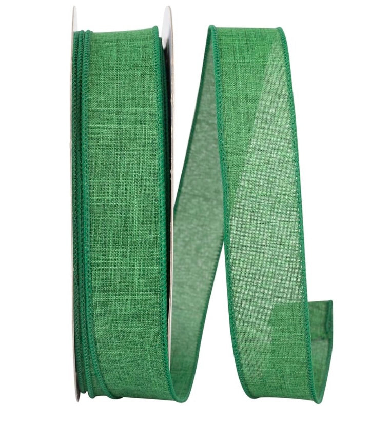 Wired Emerald Green Poly Linen Ribbon- 1.5”x50 Yards