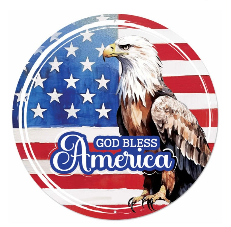 12” Round Metal God Bless America Wreath Sign