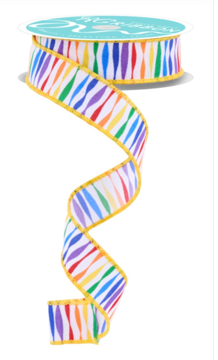 10 Yards- 7/8” Wired Twisted Stripe Rainbow Ribbon
