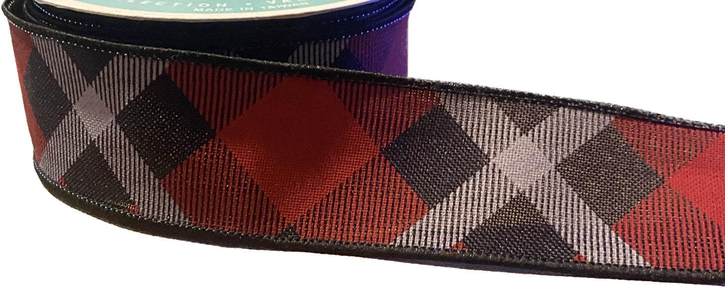 10 Yard - 1.5” Wired Red, Black and White Printed Plaid Ribbon