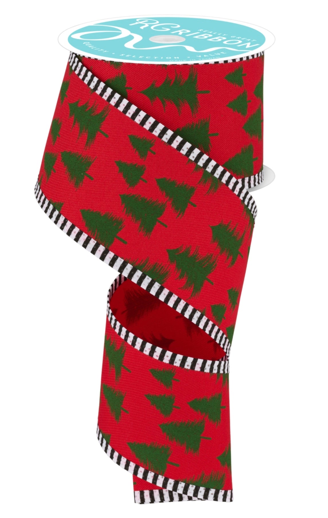 10 Yards - 2.5” Wired Red Background Tree Ribbon with Stripe Edge