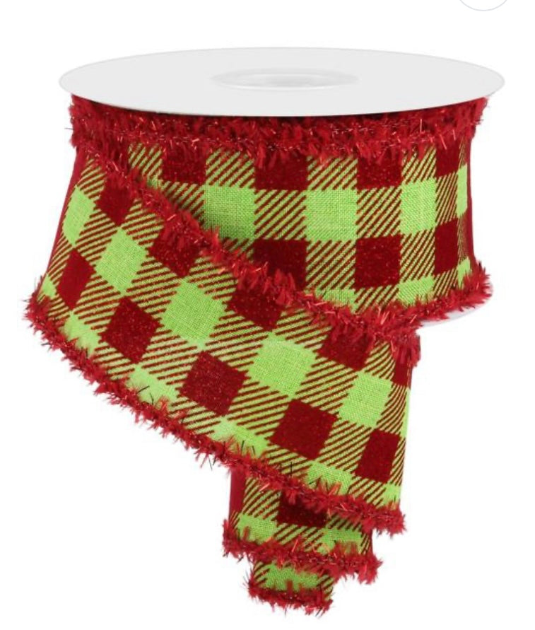 10 Yards - 2.5” Wired Red and Lime Green Check Tinsel Edge Ribbon