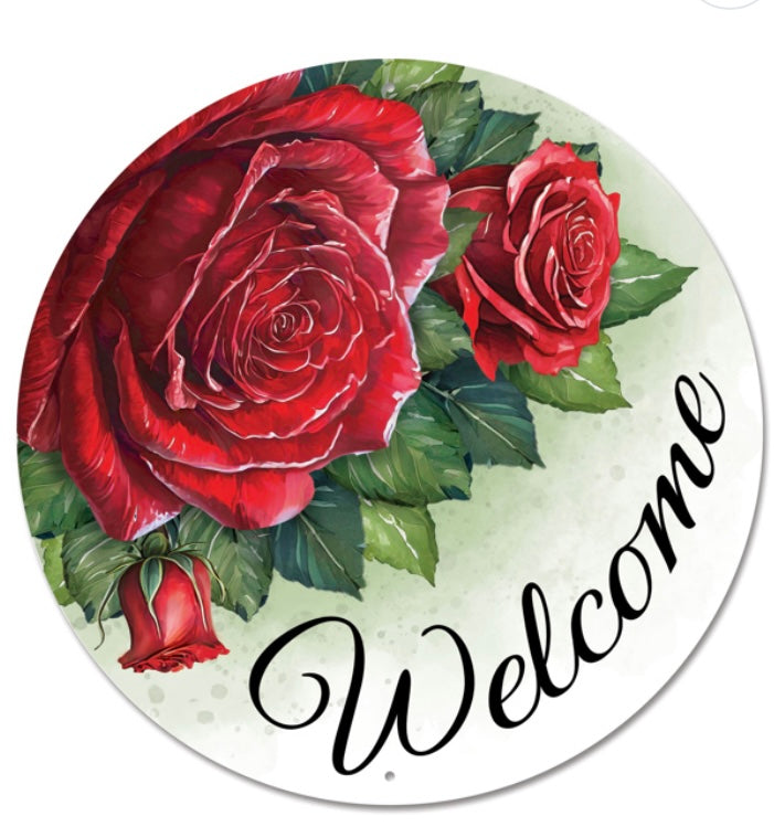 12" Round Metal Floral Welcome Wreath Sign