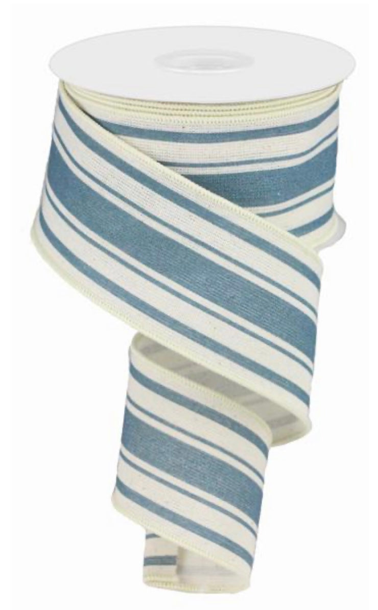 10 Yard - 2.5” Wired Light Blue and White Farmhouse Stripe Ribbon