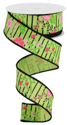 Wired Green with Pink Floral Ribbon- 1.5”x10 Yards