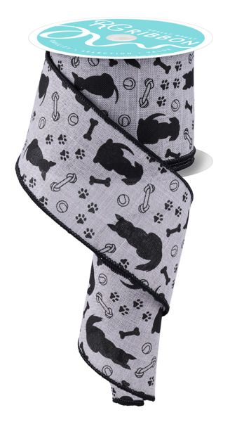 10 Yards - 2.5” Wired Dog, Bone and Paw Print Gray Background Ribbon