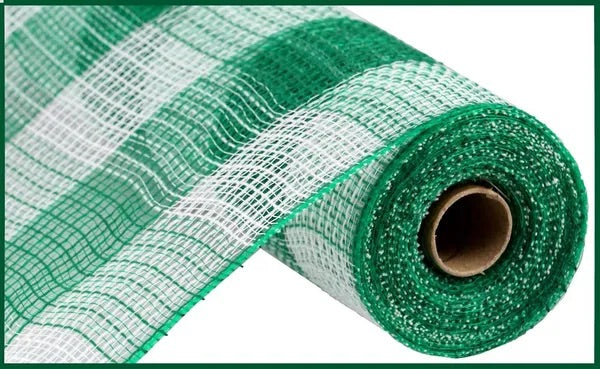 White and Emerald Green Check Fabric Mesh- 10.5”x10 Yards