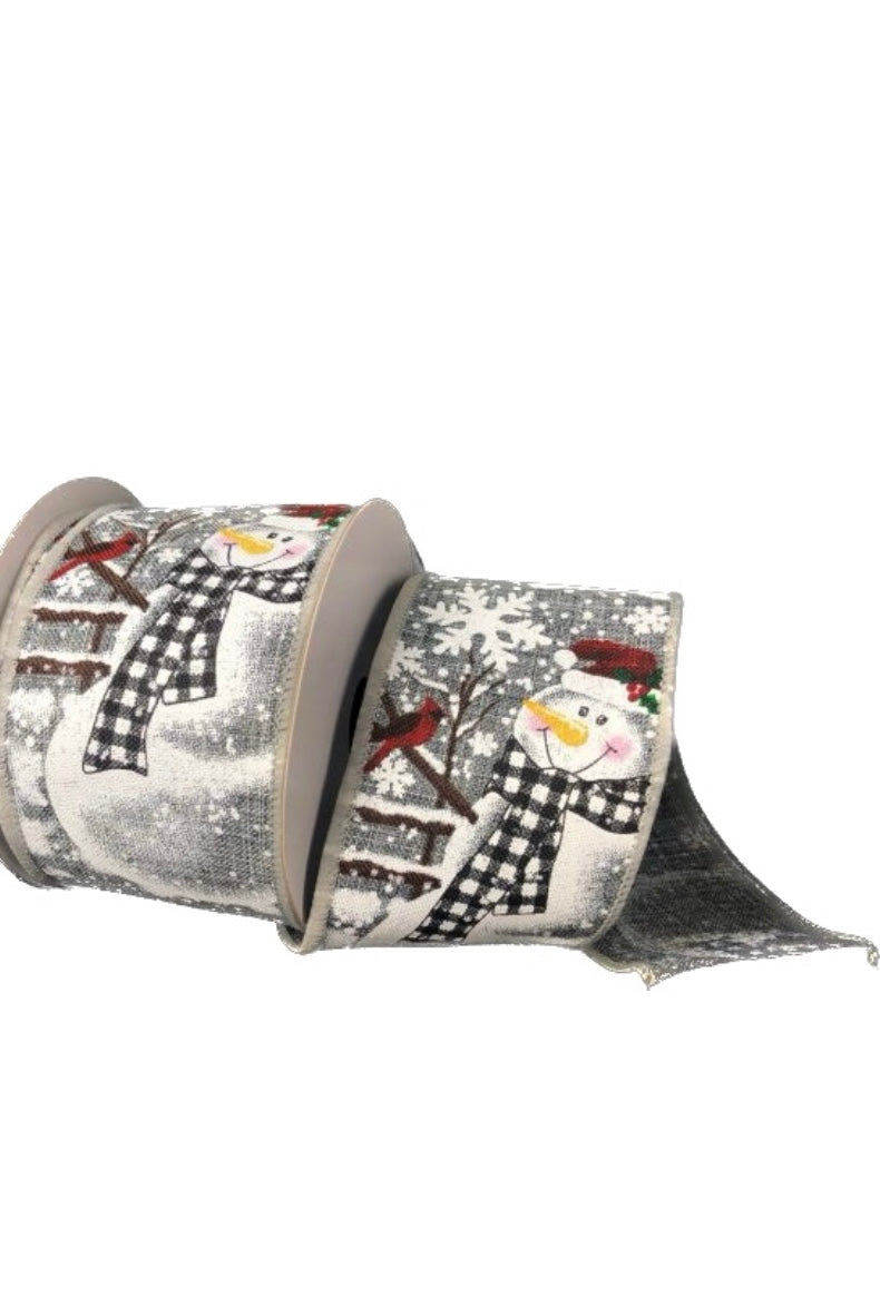 10 Yards - 2.5” Wired Gray Background Snowman with Buffalo Check Ribbon