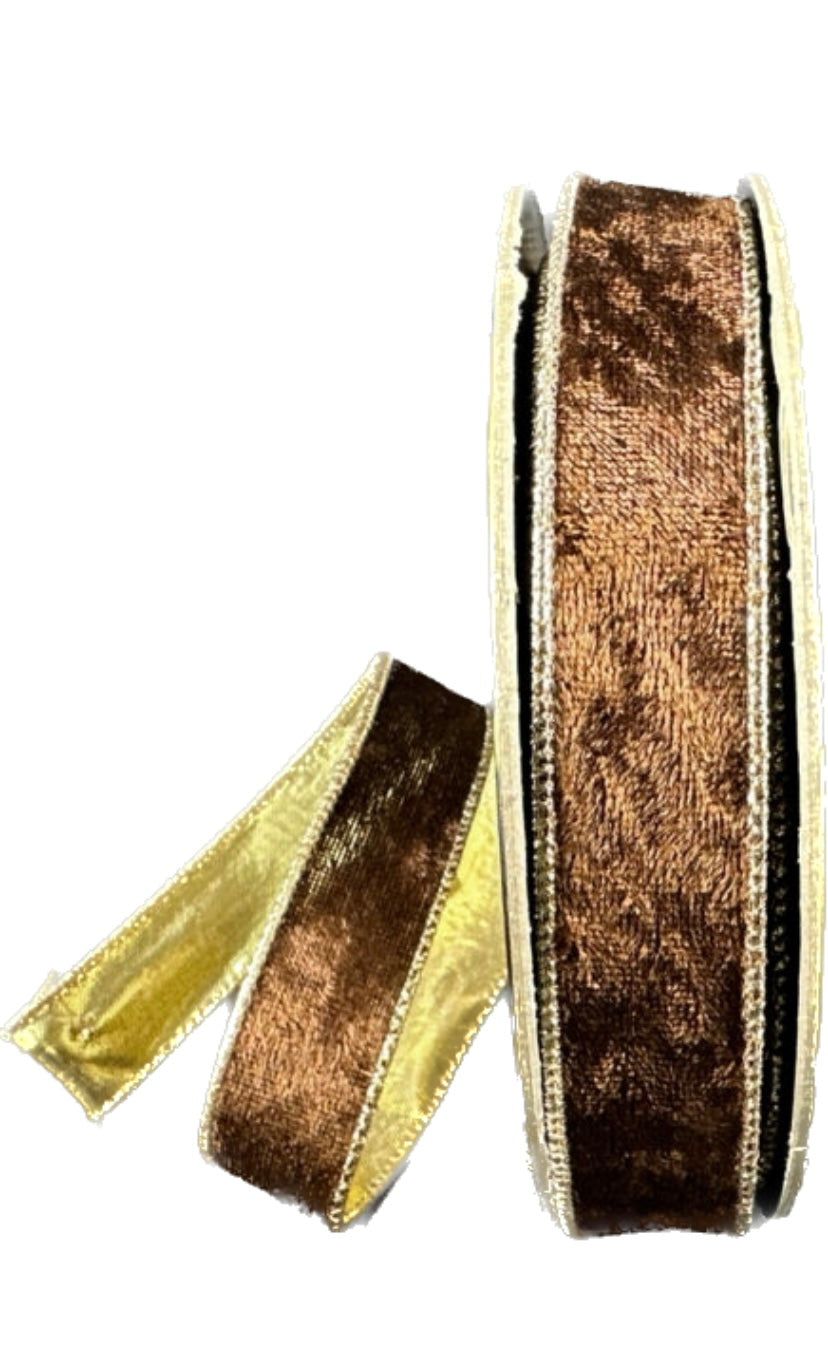 Wired Chocolate Lush Velvet Gold Metallic Back Ribbon- 1”x10 Yards