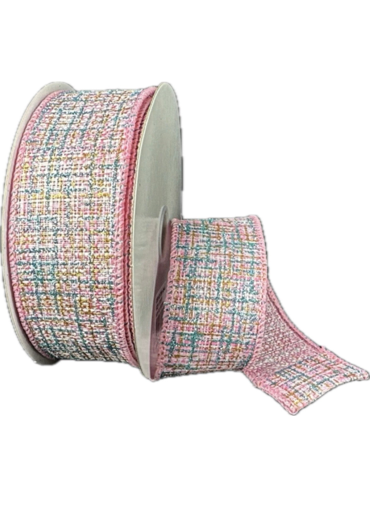 Wired Pink BlueMetallic Textured Linen Ribbon-1.5”x10 Yards
