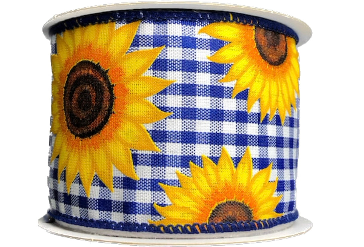 10 Yards - 2.5" Wired Blue and White Gingham Check Background Sunflower Ribbon