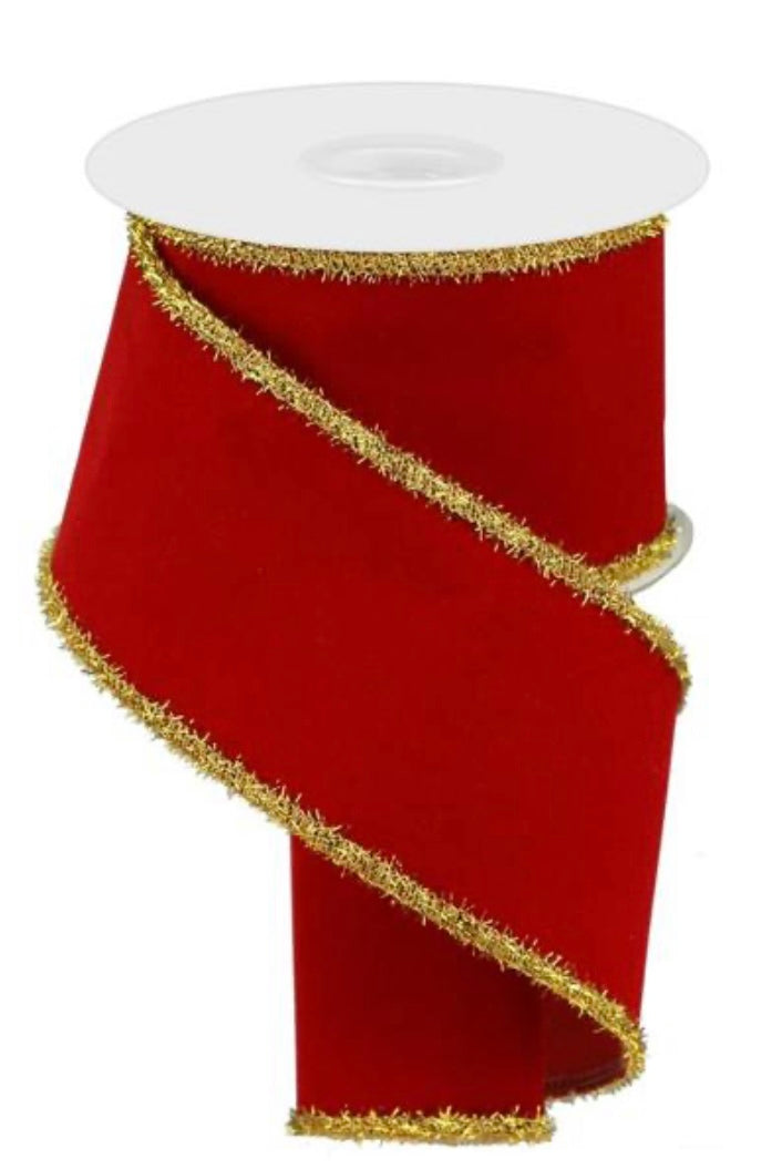 Wired Red Velvet Gold Trim Ribbon- 4”x10 Yards