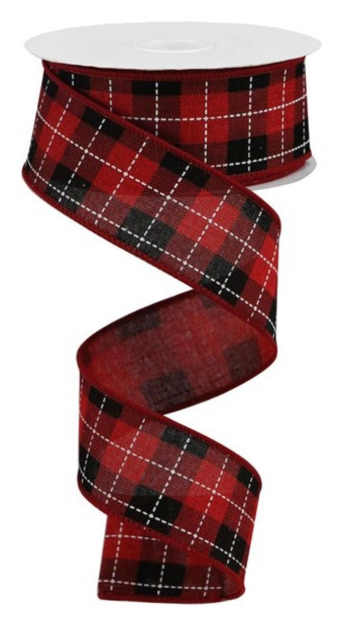 10 Yard - 1.5” Wired Red, Black and White Printed Woven Check