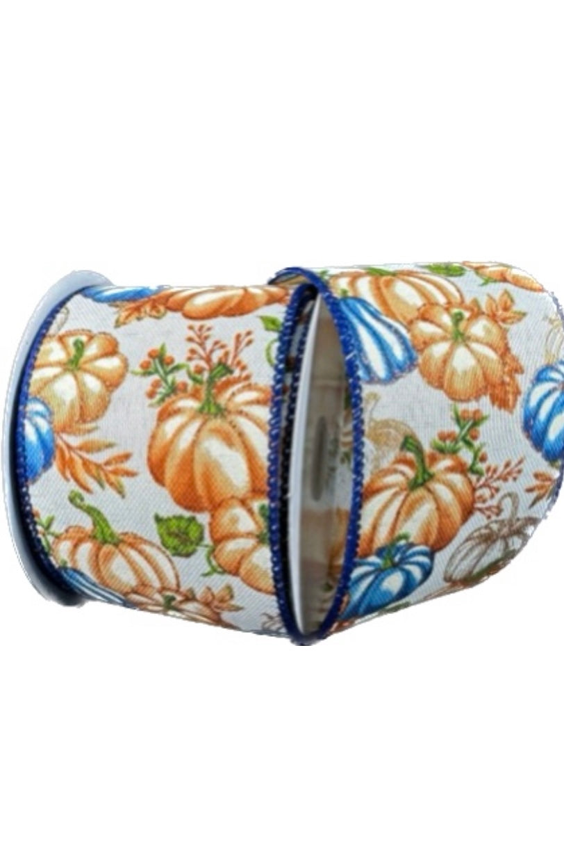 Wired Fall Pumpkins and Gourds on Poly Linen Ribbon- 2.5”x10 Yards