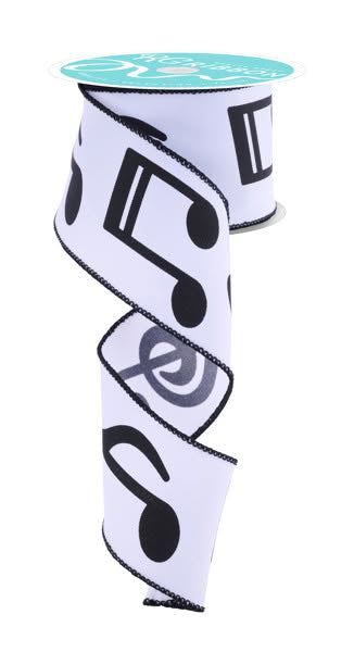 10 Yards - 2.5” Wired Black and White Big Music Note Ribbon