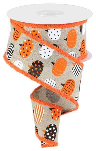 Wired Natural Background Pumpkin Ribbon with Orange Drift Edge - Fall Ribbon - Halloween Ribbon-2.5”x10 Yards