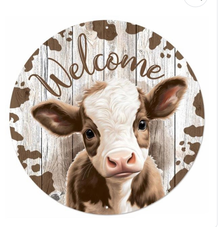 12" Round Metal Welcome Cow Wreath Sign