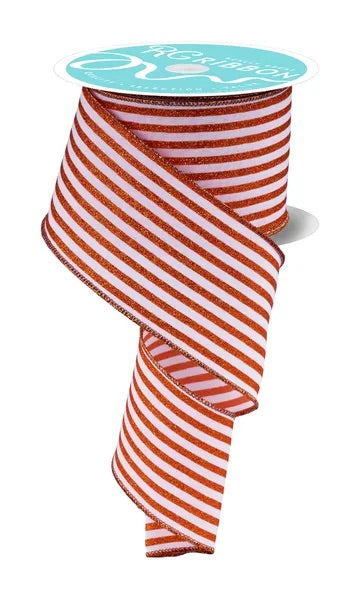 Wired Orange and White Vertical Stripes Ribbon- 2.5”x 10 Yards