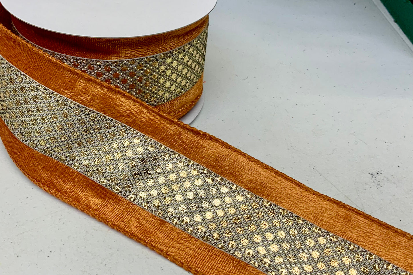 Wired Gold Metallic Black Mesh with Light Rust Velvet Edge Ribbon- 2.5”x10 Yards